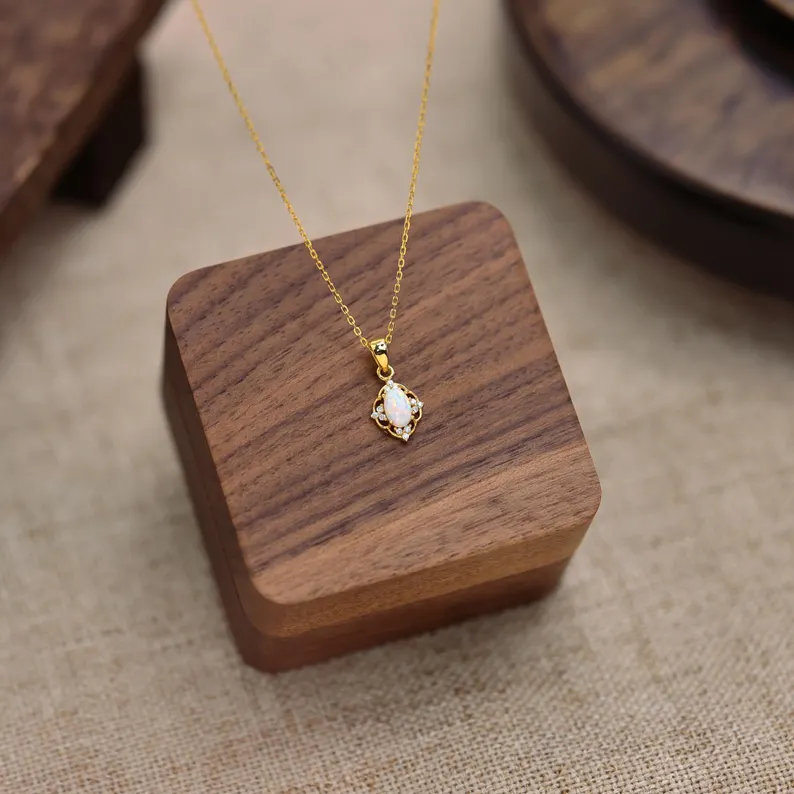 Sterling Silver Opal Necklace – Vintage Natural Opal – 18K Gold Plated Pendant Necklace – Christmas Gift for Her, Mom or Daughter