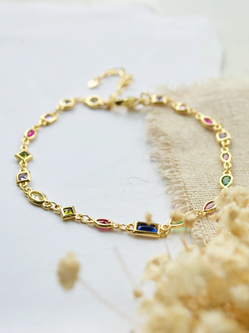 14k Rainbow Crystal Anklet, Gold Charm Anklet | Gold crystal ankle bracelet | Bridesmaid gift| Gold gift for her 14k Gold filled anklet